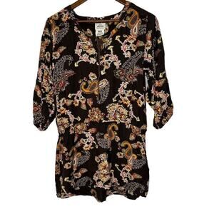 Ariat Brown Boho Paisley Print Tie Neck 3/4 Sleeve Peplum Blouse Top M Women
